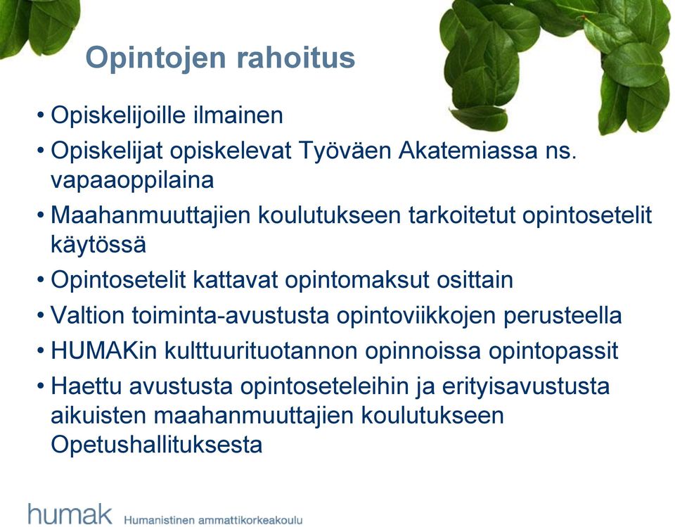 opintomaksut osittain Valtion toiminta-avustusta opintoviikkojen perusteella HUMAKin kulttuurituotannon