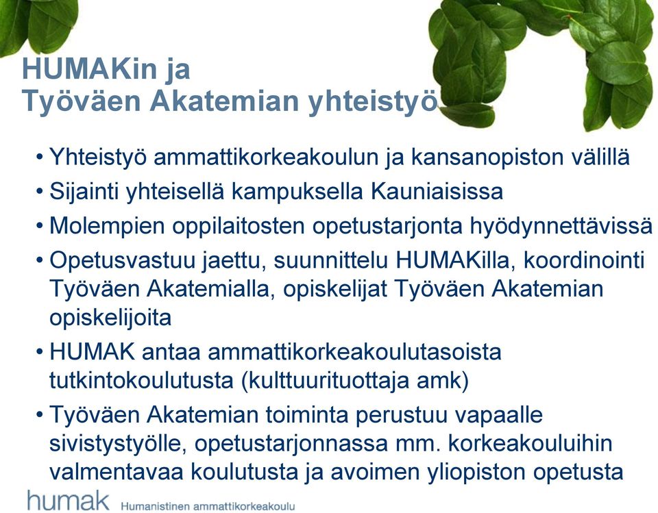 Akatemialla, opiskelijat Työväen Akatemian opiskelijoita HUMAK antaa ammattikorkeakoulutasoista tutkintokoulutusta (kulttuurituottaja