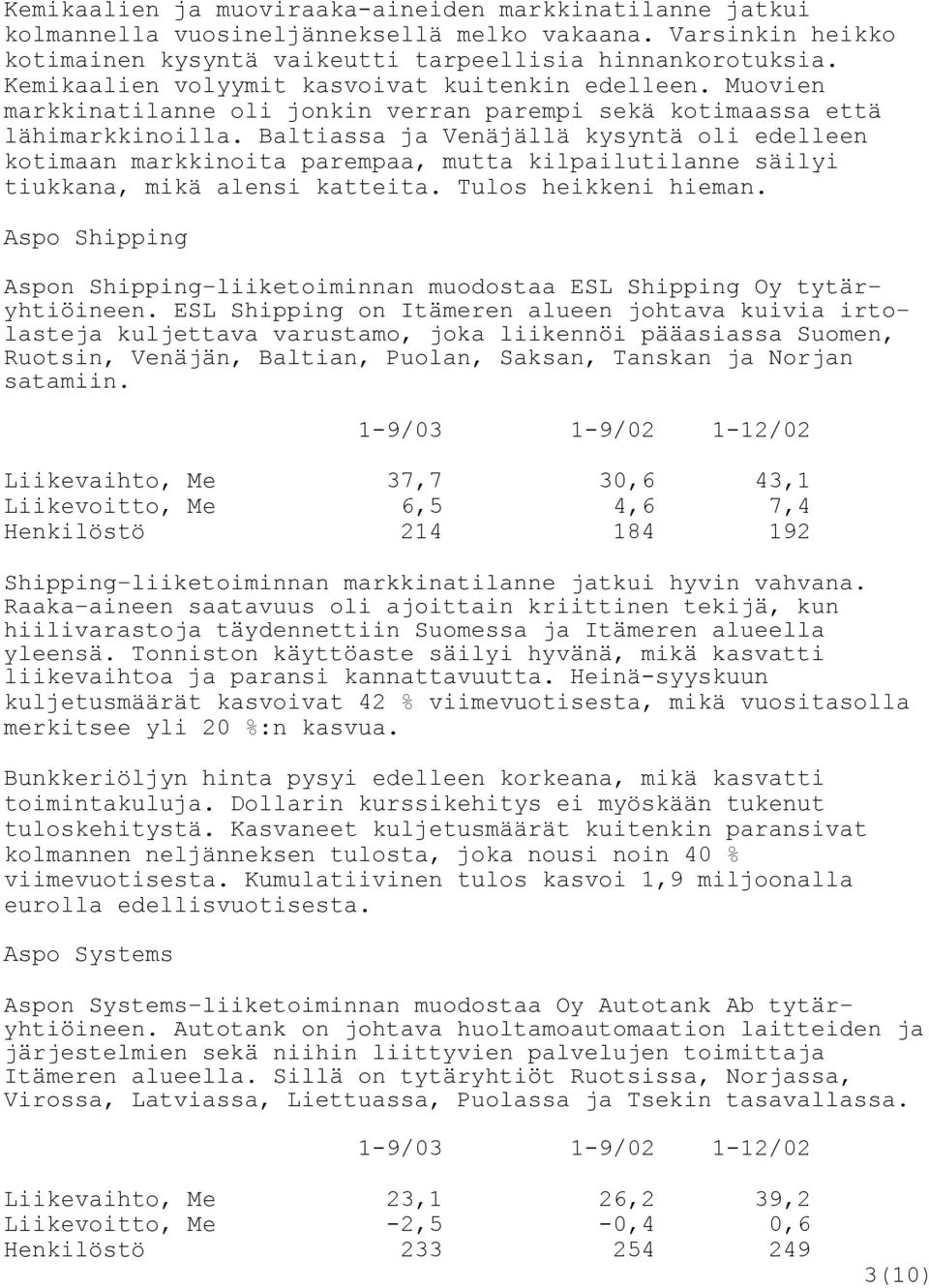 Baltiassa ja Venäjällä kysyntä oli edelleen kotimaan markkinoita parempaa, mutta kilpailutilanne säilyi tiukkana, mikä alensi katteita. Tulos heikkeni hieman.