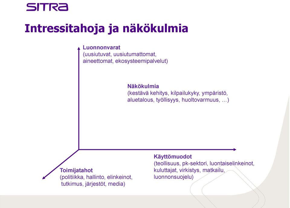 työllisyys, huoltovarmuus, ) Toimijatahot (politiikka, hallinto, elinkeinot, tutkimus,