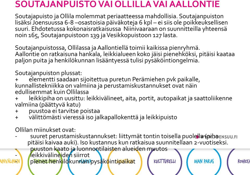 Ehdotetussa kokonaisratkaisussa Niinivaaraan on suunnitteilla yhteensä noin 165, Soutajanpuistoon 139 ja Vesikkopuistoon 127 lasta.