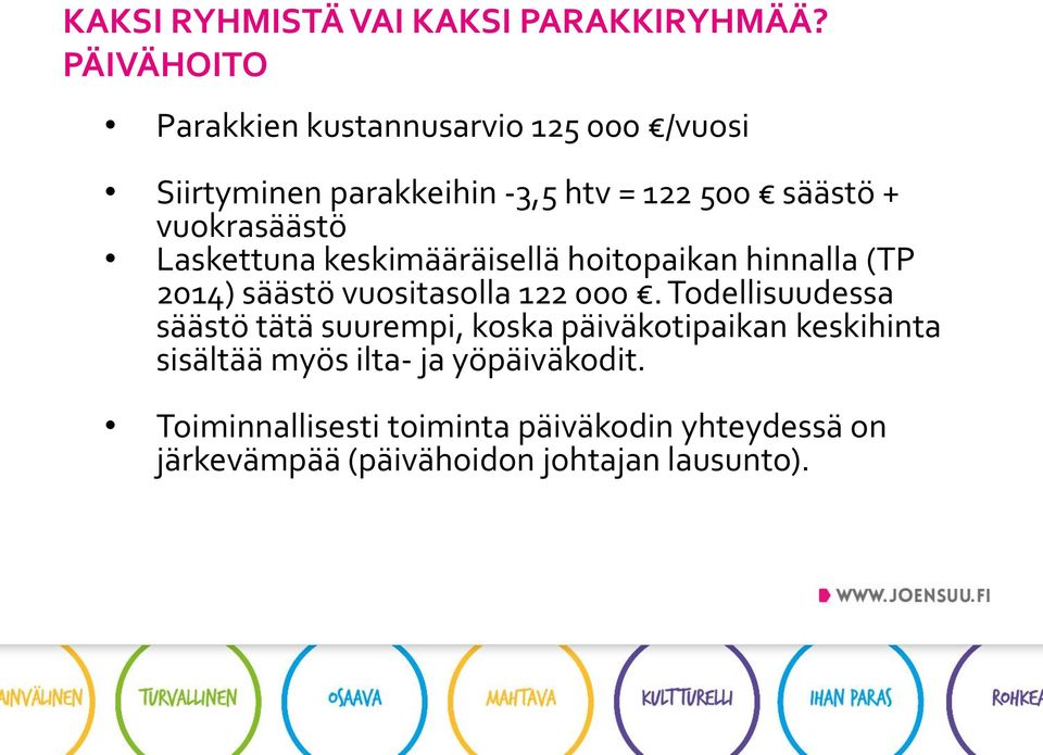 vuokrasäästö Laskettuna keskimääräisellä hoitopaikan hinnalla (TP 2014) säästö vuositasolla 122 000.