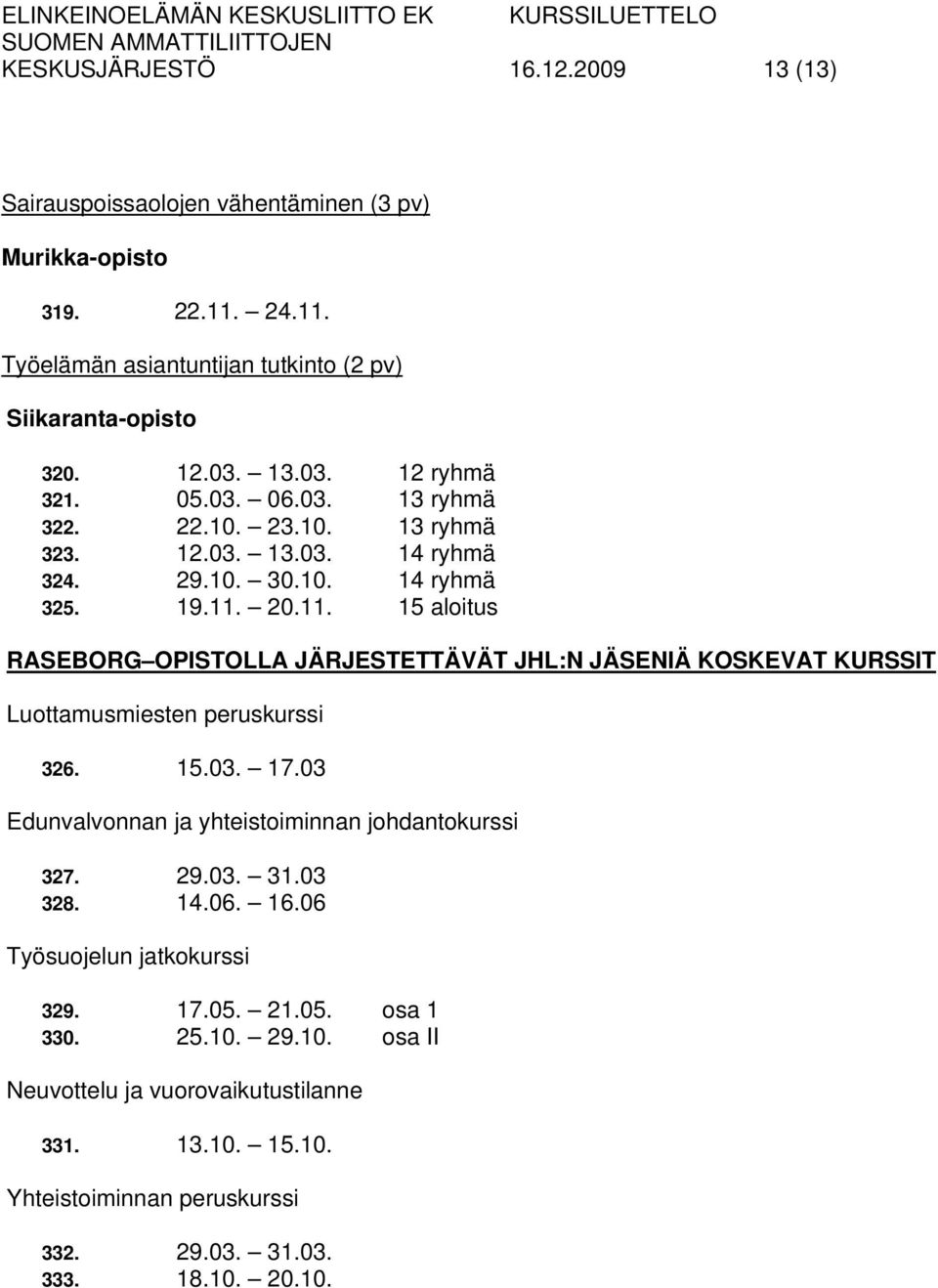 20.11. 15 aloitus RASEBORG OPISTOLLA JÄRJESTETTÄVÄT JHL:N JÄSENIÄ KOSKEVAT KURSSIT Luottamusmiesten peruskurssi 326. 15.03. 17.