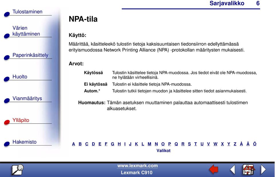 Jos tiedot eivät ole NPA-muodossa, ne hylätään virheellisinä. Tulostin ei käsittele tietoja NPA-muodossa.