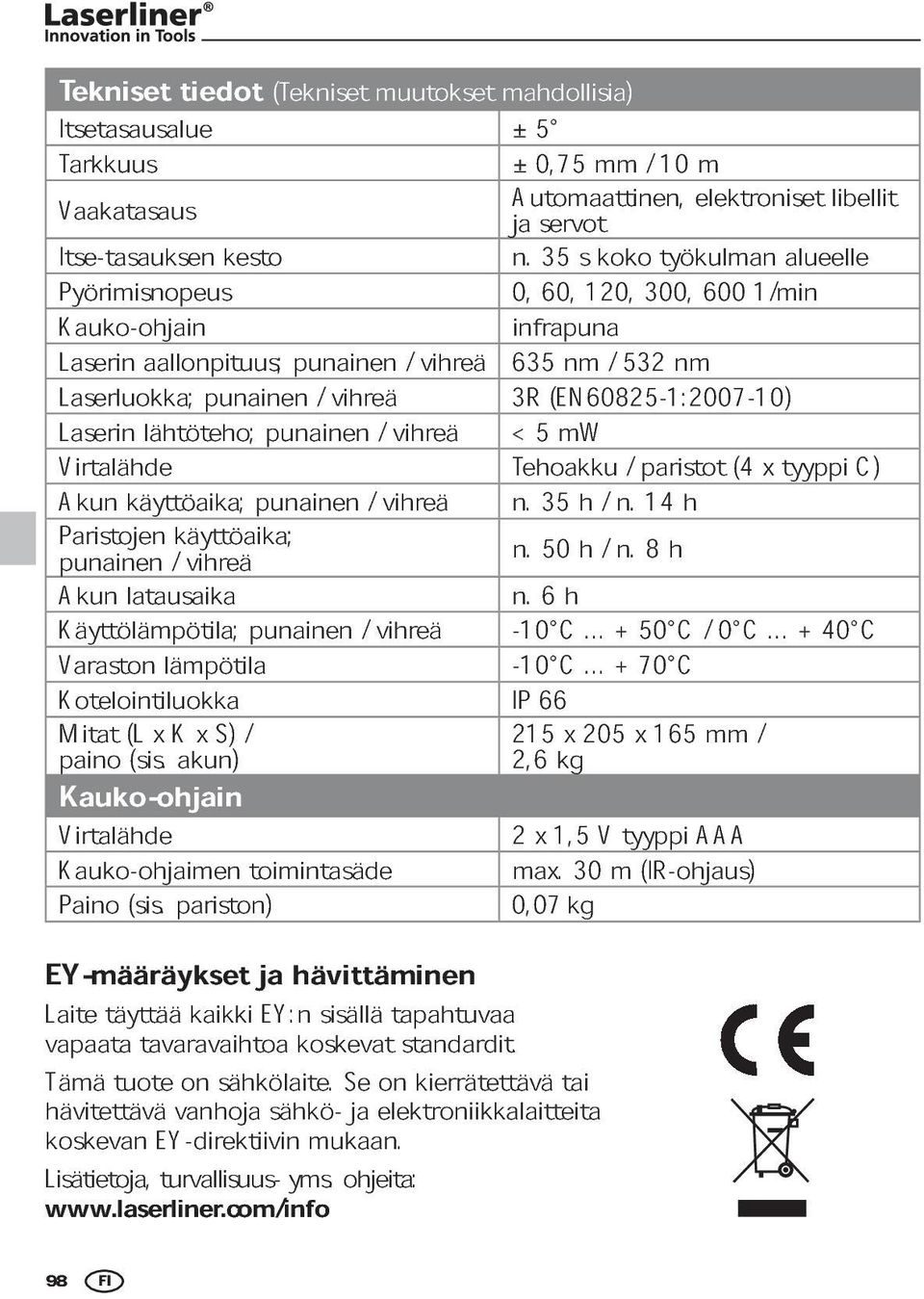 Virtalähde lähtöteho; punainen / vihreä < 5 mw Akun Tehoakku / paristot (4 x tyyppi C) Paristojen käyttöaika; punainen / vihreä n. 35 n. 14 h punainen / käyttöaika; vihreä n. 50 h / n.
