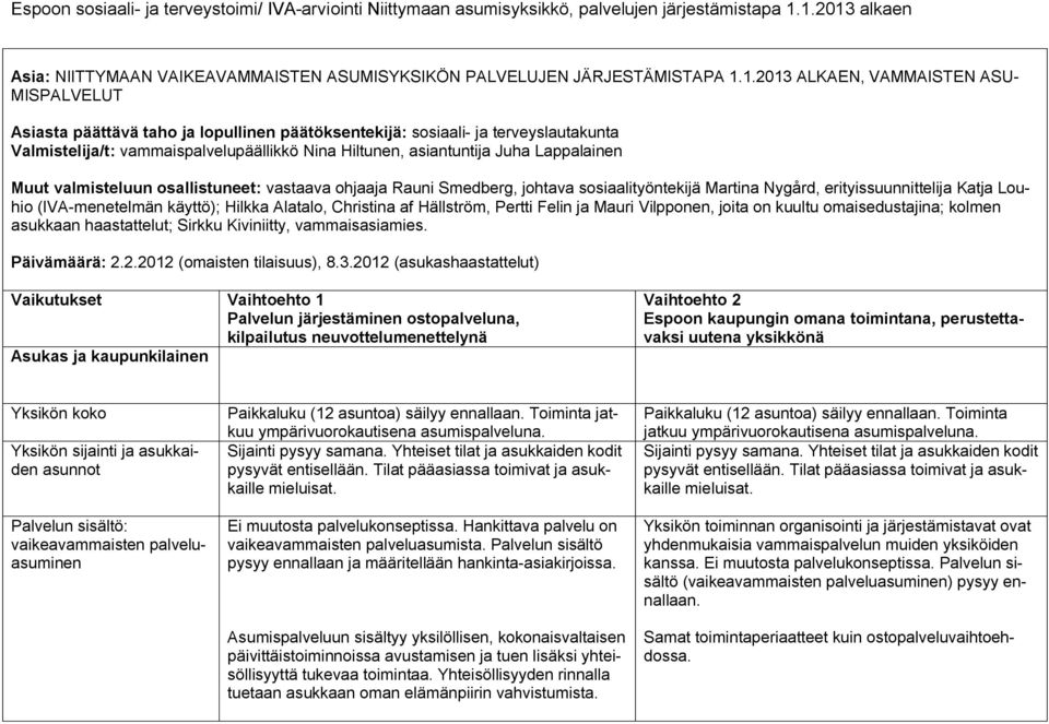 Lappalainen Muut valmisteluun osallistuneet: vastaava ohjaaja Rauni Smedberg, johtava sosiaalityöntekijä Martina Nygård, erityissuunnittelija Katja Louhio (IVA-menetelmän käyttö); Hilkka Alatalo,