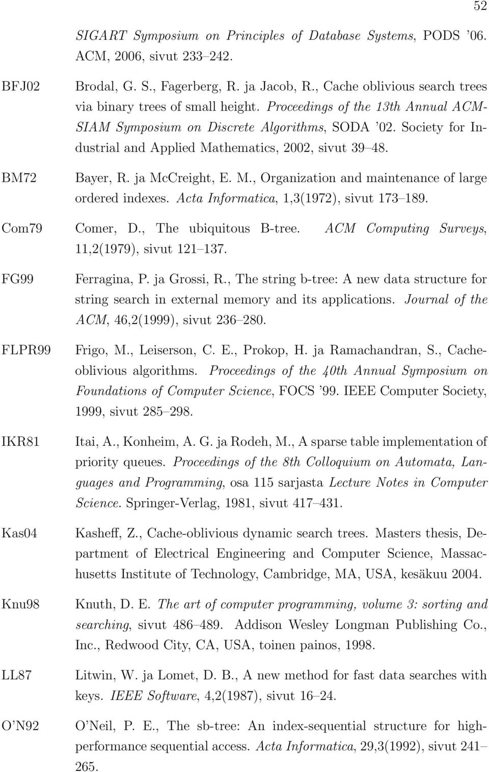 Society for Industrial and Applied Mathematics, 2002, sivut 39 48. Bayer, R. ja McCreight, E. M., Organization and maintenance of large ordered indexes. Acta Informatica, 1,3(1972), sivut 173 189.