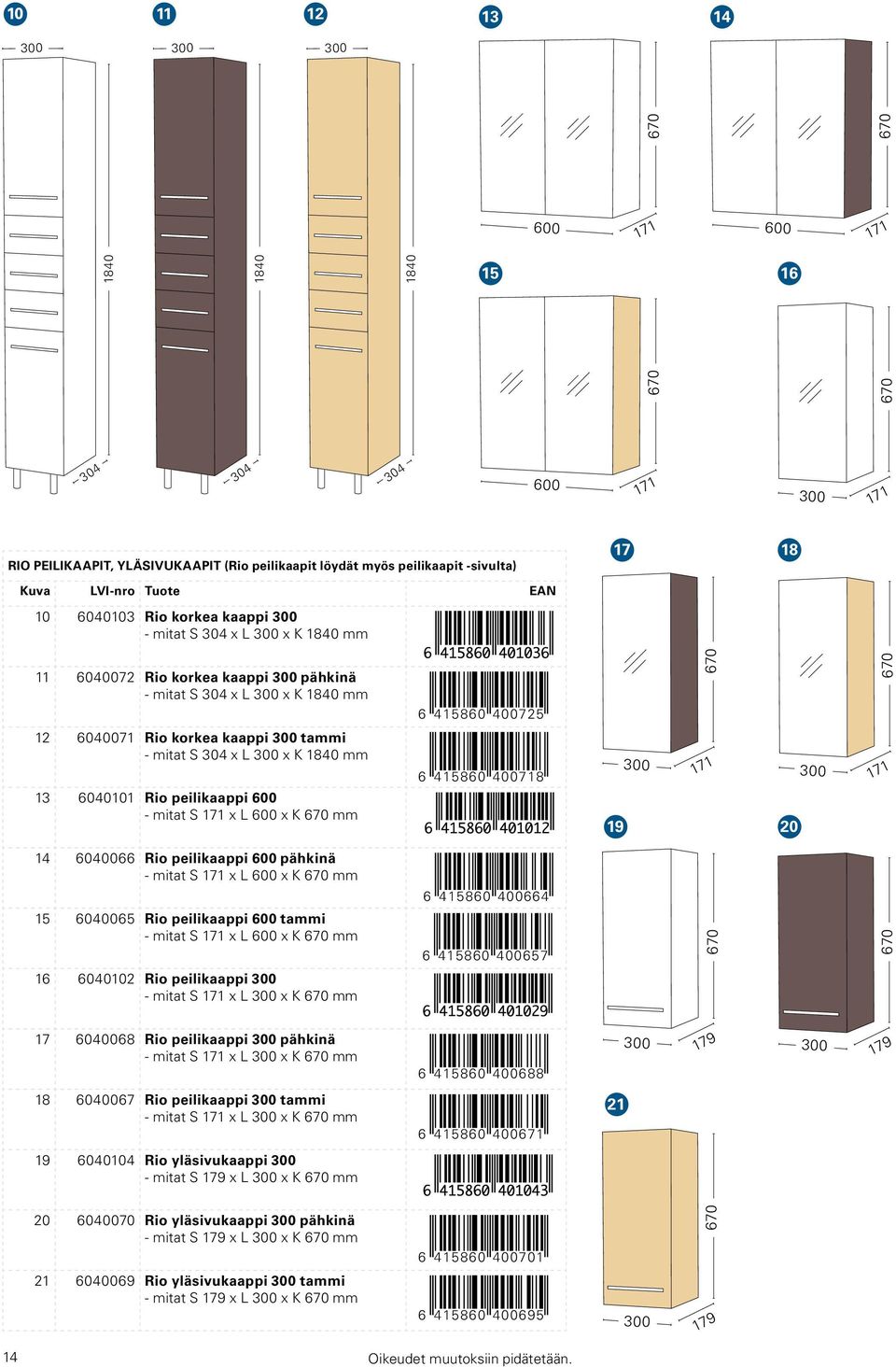 6 415860 718 19 171 20 171 14 6066 Rio peilikaappi pähkinä - mitat S 171 x L x K mm 15 6065 Rio peilikaappi tammi - mitat S 171 x L x K mm 6 415860 664 6 415860 657 16 6040102 Rio peilikaappi - mitat