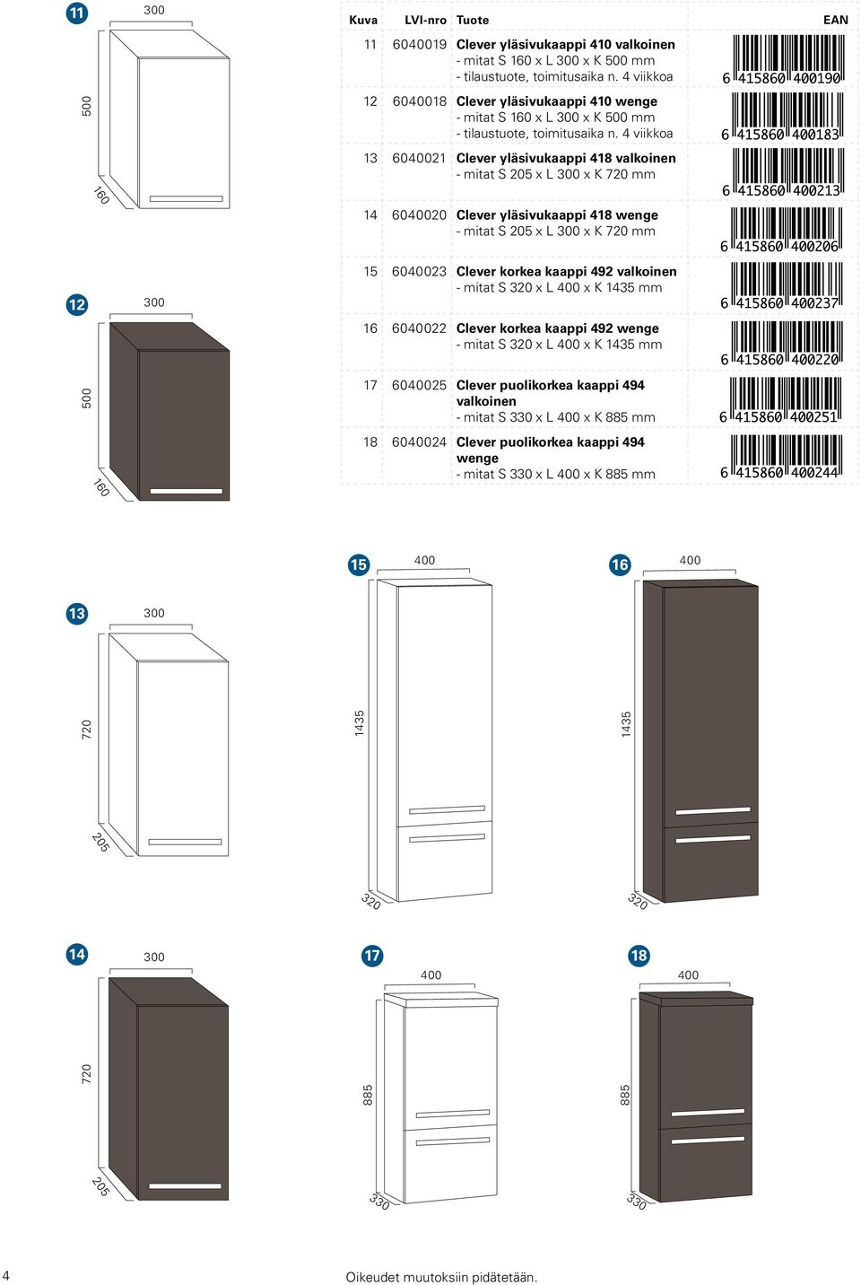 4 viikkoa 13 6021 Clever yläsivukaappi 418 valkoinen - mitat S 205 x L x K 720 mm 160 14 6020 Clever yläsivukaappi 418 wenge - mitat S 205 x L x K 720 mm 12 15 6023 Clever korkea