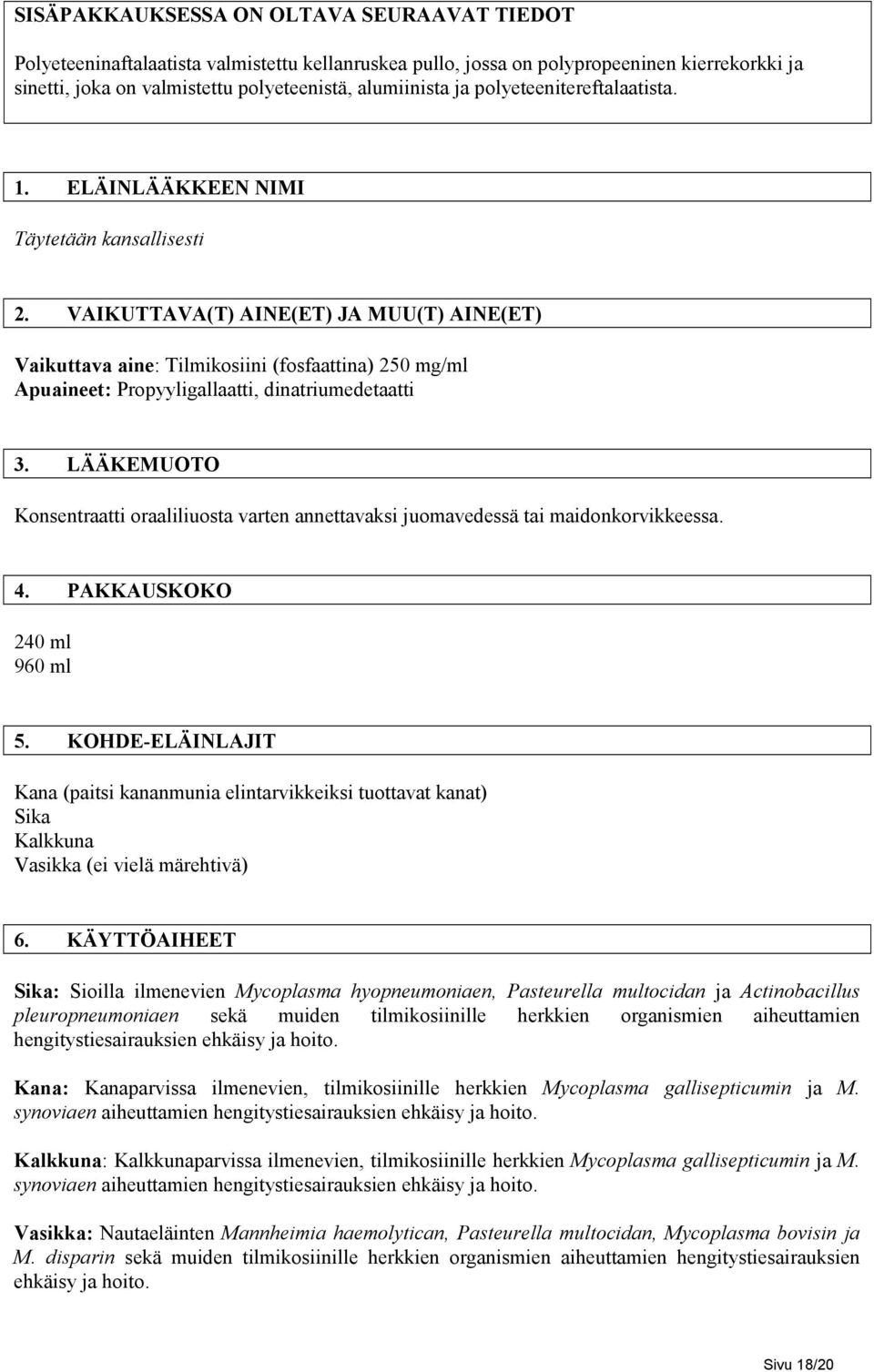 VAIKUTTAVA(T) AINE(ET) JA MUU(T) AINE(ET) Vaikuttava aine: Tilmikosiini (fosfaattina) 250 Apuaineet: Propyyligallaatti, dinatriumedetaatti 3.
