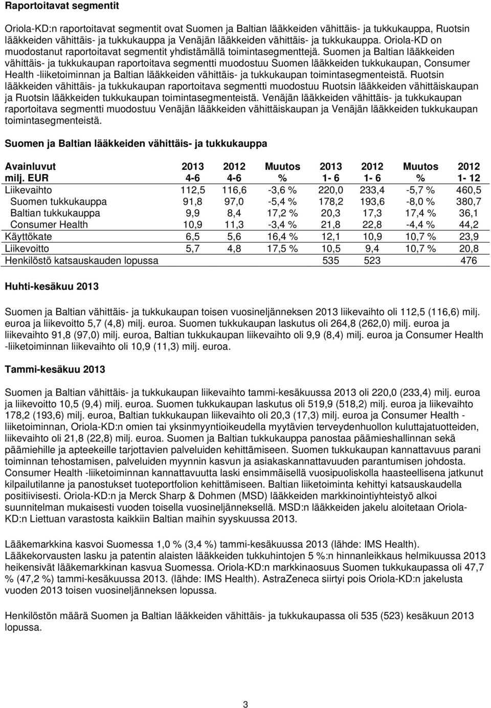 Suomen ja Baltian lääkkeiden vähittäis- ja tukkukaupan raportoitava segmentti muodostuu Suomen lääkkeiden tukkukaupan, Consumer Health -liiketoiminnan ja Baltian lääkkeiden vähittäis- ja tukkukaupan