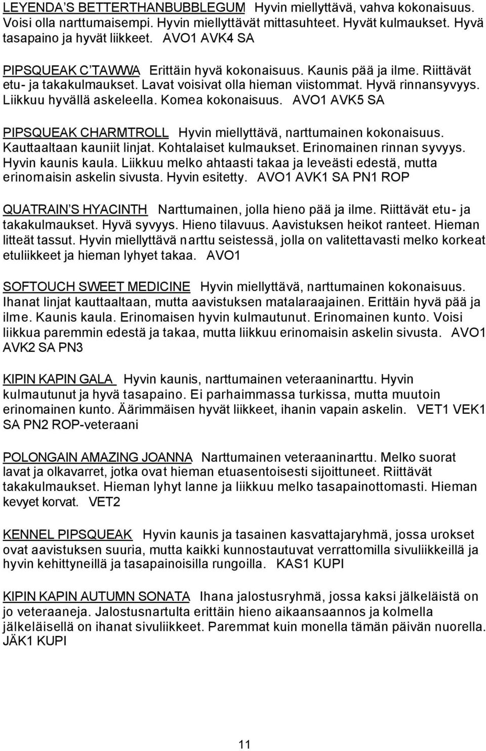 Komea kokonaisuus. AVO1 AVK5 SA PIPSQUEAK CHARMTROLL Hyvin miellyttävä, narttumainen kokonaisuus. Kauttaaltaan kauniit linjat. Kohtalaiset kulmaukset. Erinomainen rinnan syvyys. Hyvin kaunis kaula.