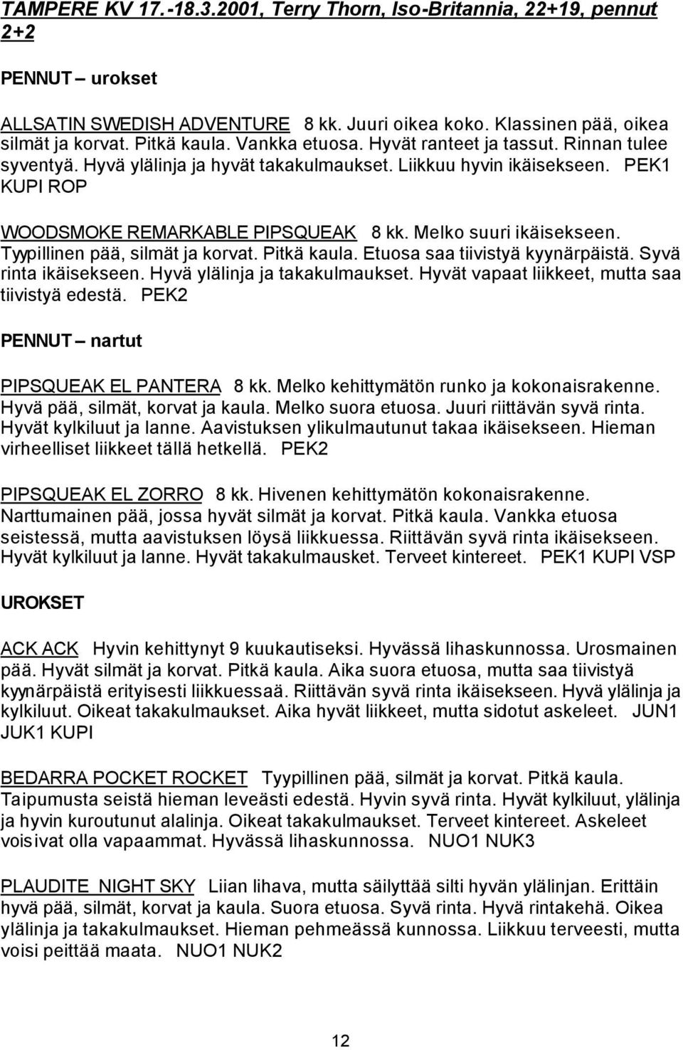 Melko suuri ikäisekseen. Tyypillinen pää, silmät ja korvat. Pitkä kaula. Etuosa saa tiivistyä kyynärpäistä. Syvä rinta ikäisekseen. Hyvä ylälinja ja takakulmaukset.