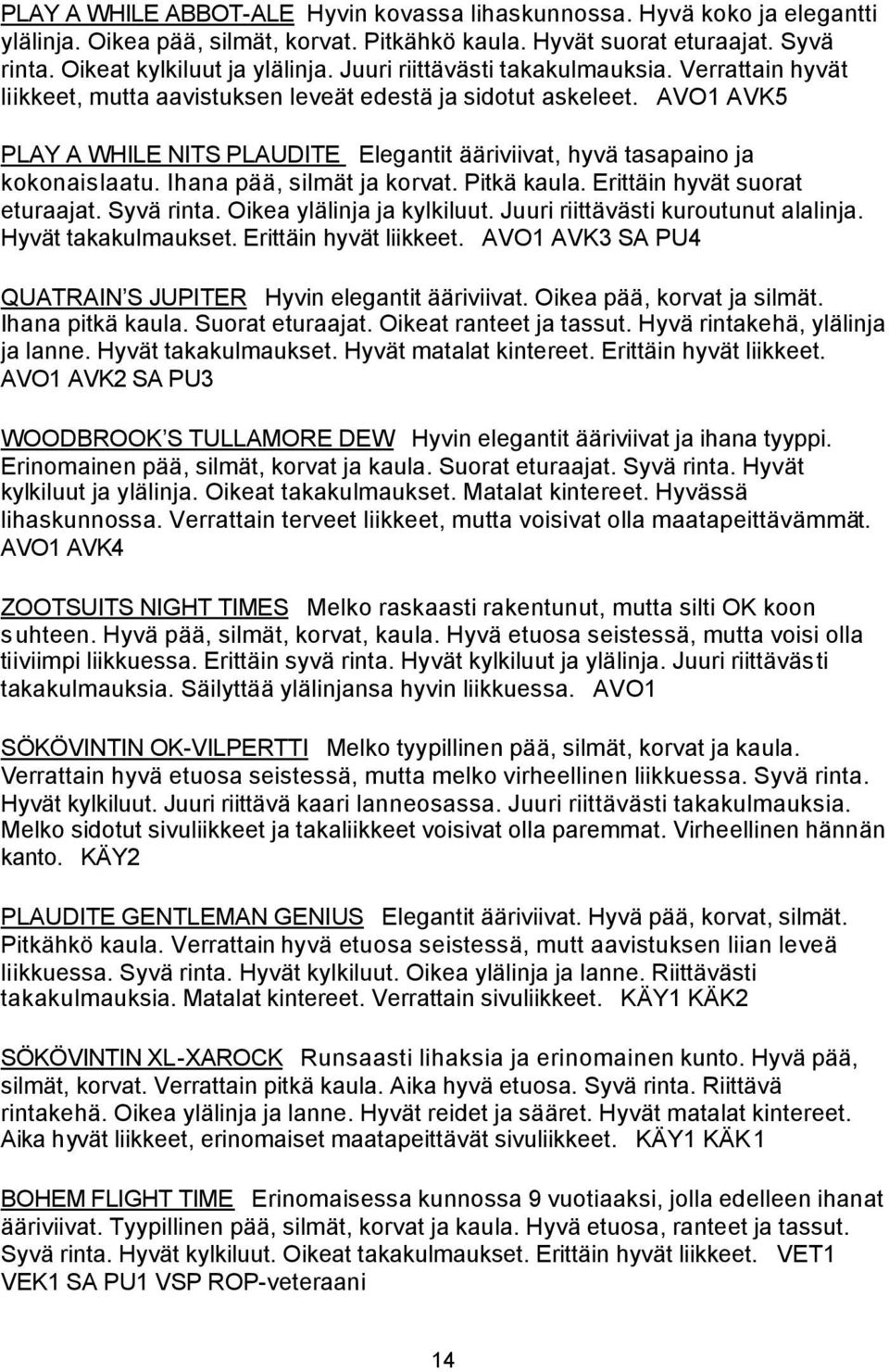 AVO1 AVK5 PLAY A WHILE NITS PLAUDITE Elegantit ääriviivat, hyvä tasapaino ja kokonaislaatu. Ihana pää, silmät ja korvat. Pitkä kaula. Erittäin hyvät suorat eturaajat. Syvä rinta.