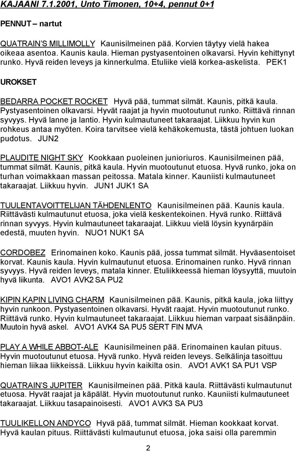 Hyvät raajat ja hyvin muotoutunut runko. Riittävä rinnan syvyys. Hyvä lanne ja lantio. Hyvin kulmautuneet takaraajat. Liikkuu hyvin kun rohkeus antaa myöten.