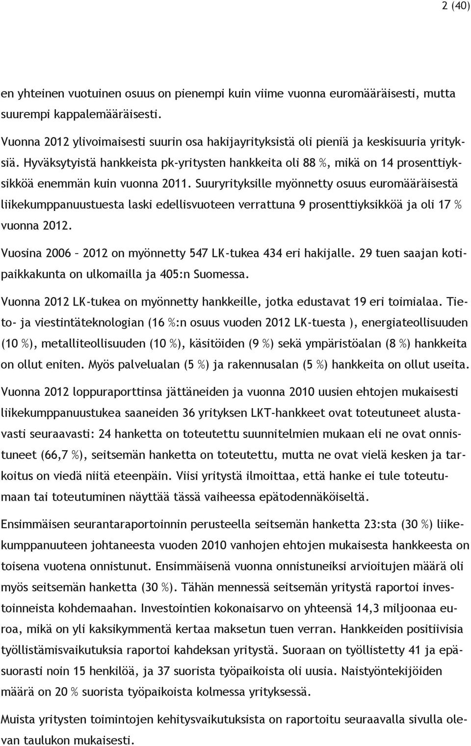 Hyväksytyistä hankkeista pk-yritysten hankkeita oli 88 %, mikä on 14 prosenttiyksikköä enemmän kuin vuonna 2011.