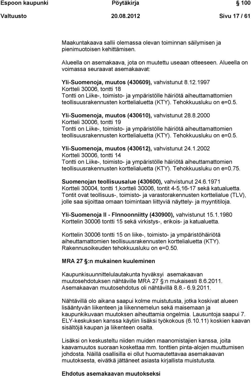 1997 Kortteli 30006, tontti 18 Tontti on Liike-, toimisto- ja ympäristölle häiriötä aiheuttamattomien teollisuusrakennusten korttelialuetta (KTY). Tehokkuusluku on e=0.5.