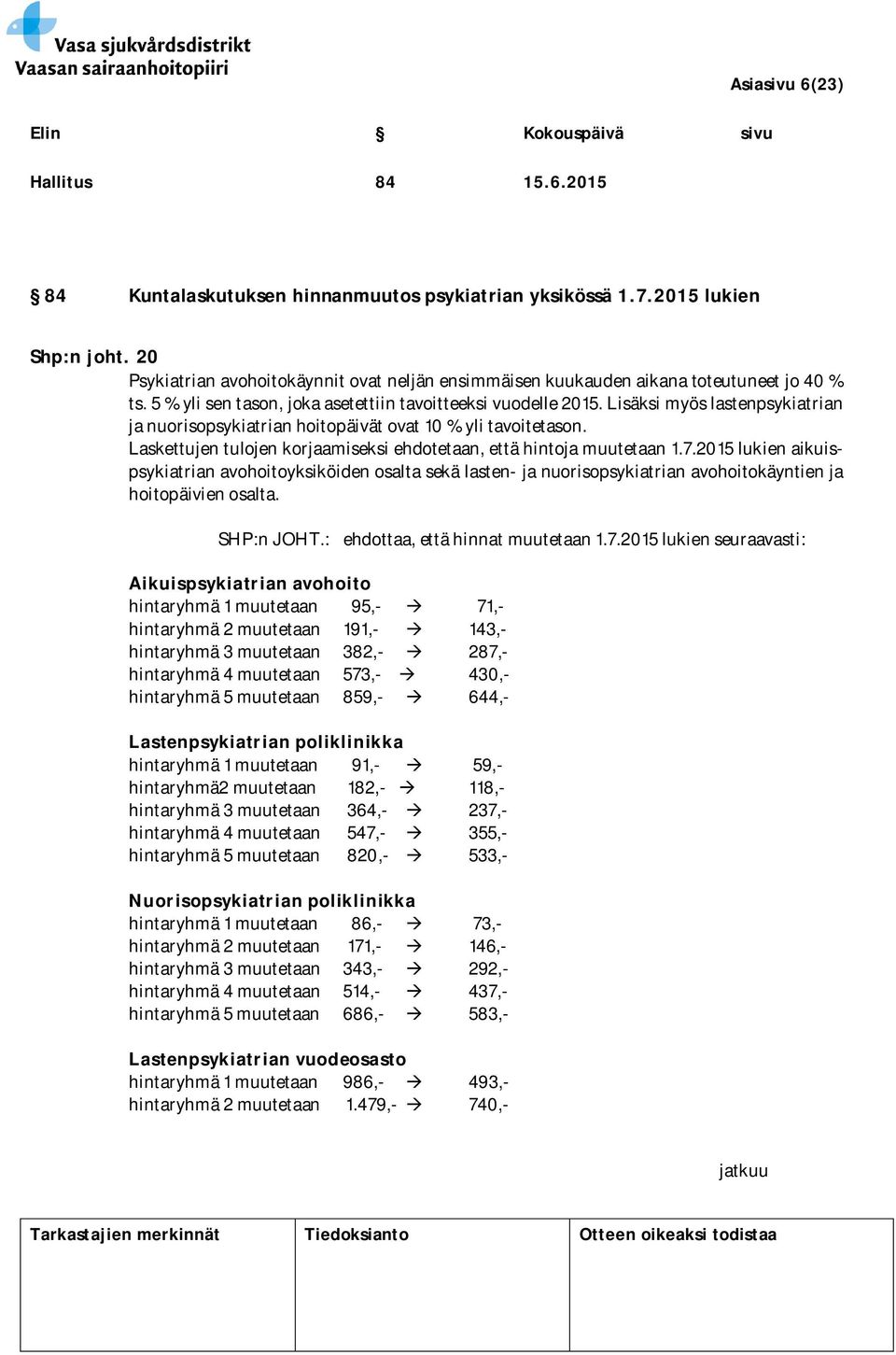 Lisäksi myös lastenpsykiatrian ja nuorisopsykiatrian hoitopäivät ovat 10 % yli tavoitetason. Laskettujen tulojen korjaamiseksi ehdotetaan, että hintoja muutetaan 1.7.