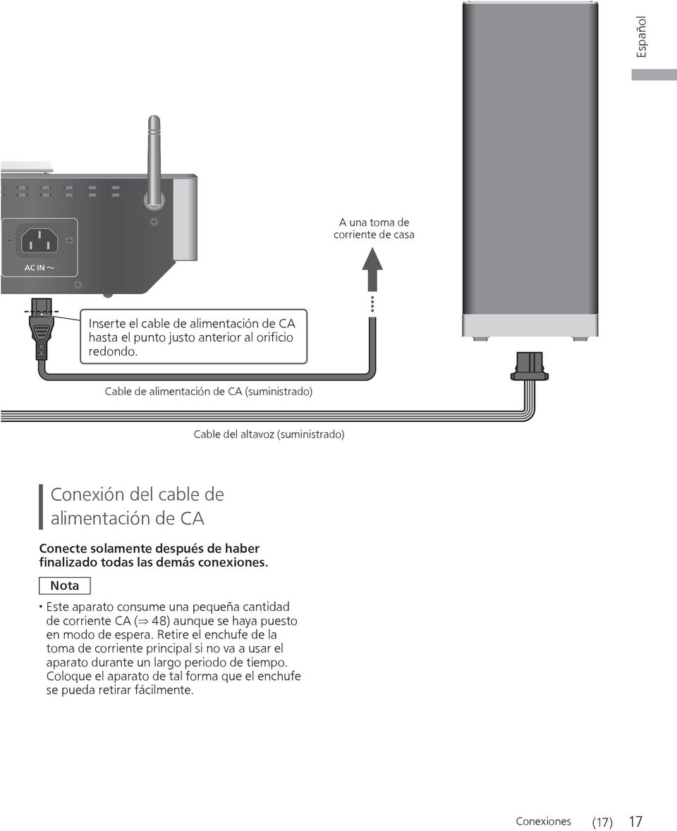 finalizado todas las demás conexiones. Nota Este aparato consume una pequeña cantidad de corriente CA ( 48) aunque se haya puesto en modo de espera.