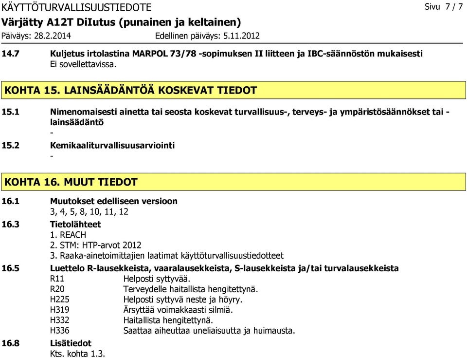 1 Muutokset edelliseen versioon 3, 4, 5, 8, 10, 11, 12 16.3 Tietolähteet 1. REACH 2. STM: HTParvot 2012 3. Raakaainetoimittajien laatimat käyttöturvallisuustiedotteet 16.