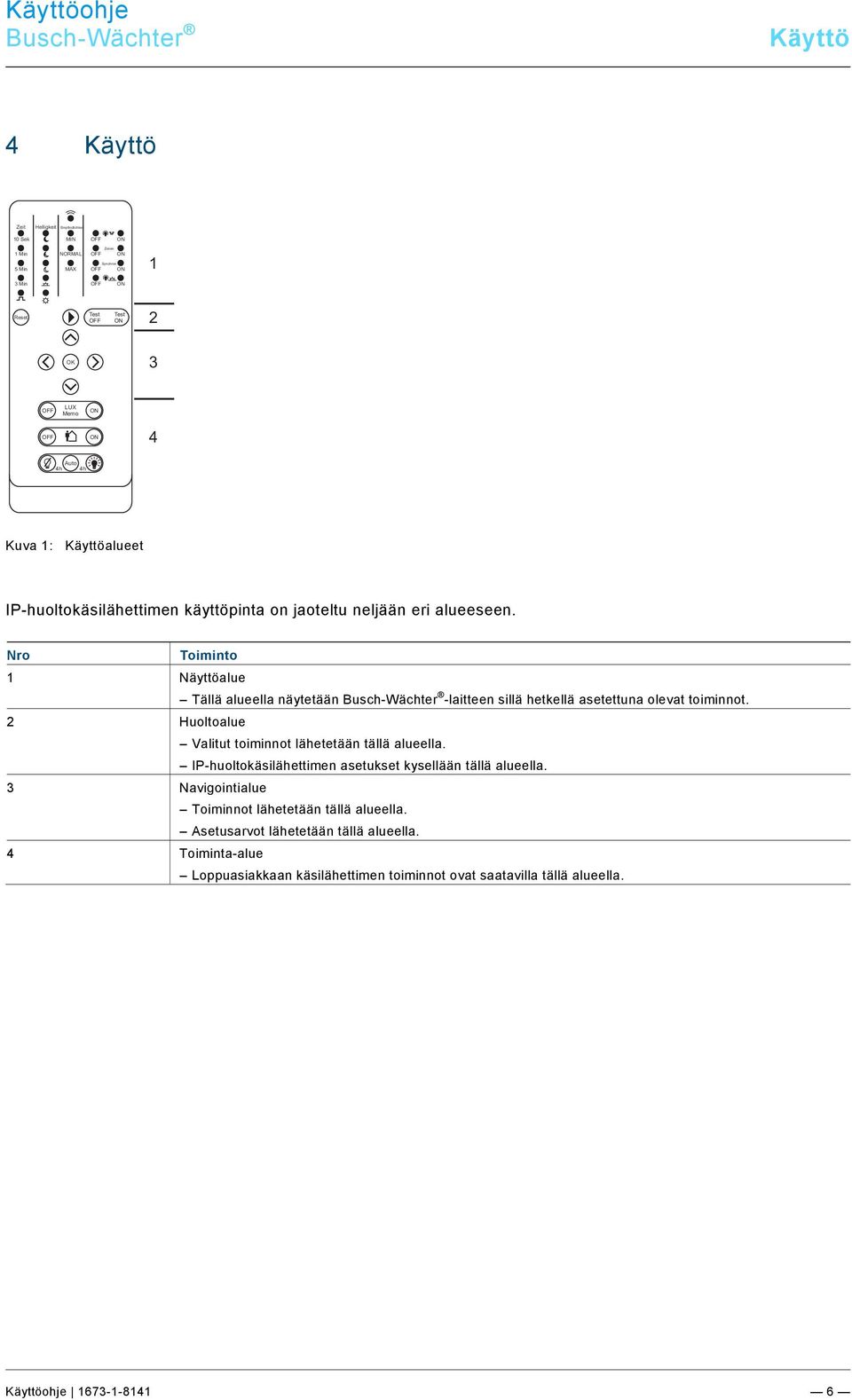 docx @ 181590 @ 11121222 @ 1 4 Käyttö Zeit Helligkeit Empfindlichkeit 10 Sek MIN OFF ON 1 Min 5 Min NORMAL MAX Zonen OFF ON Synchron OFF ON 1 3 Min OFF ON Reset Test OFF Test ON 2 OK 3 OFF LUX Memo