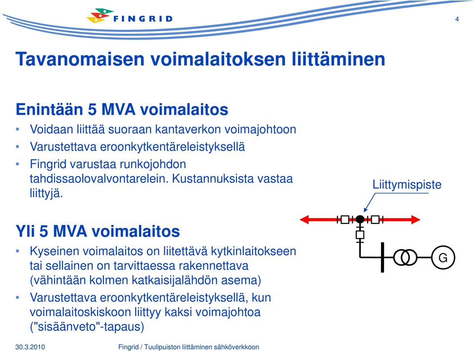 Liittymispiste Yli 5 MVA voimalaitos Kyseinen voimalaitos on liitettävä kytkinlaitokseen tai sellainen on tarvittaessa rakennettava (vähintään