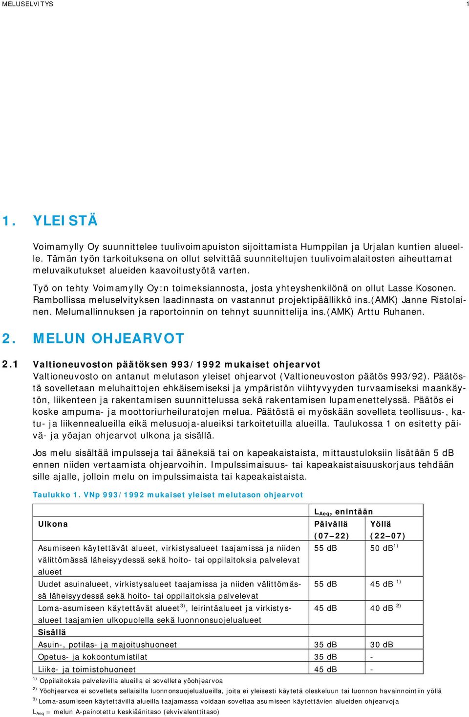 Työ on tehty Voimamylly Oy:n toimeksiannosta, josta yhteyshenkilönä on ollut Lasse Kosonen. Rambollissa meluselvityksen laadinnasta on vastannut projektipäällikkö ins.(amk) Janne Ristolainen.