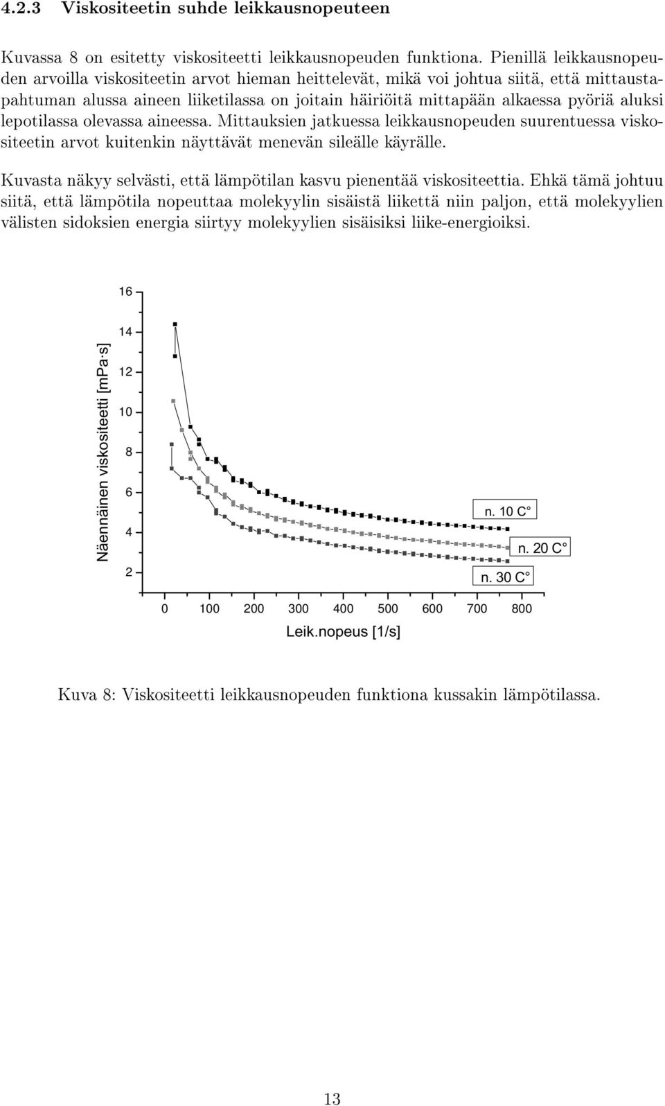 aluksi lepotilassa olevassa aineessa. Mittauksien jatkuessa leikkausnopeuden suurentuessa viskositeetin arvot kuitenkin näyttävät menevän sileälle käyrälle.