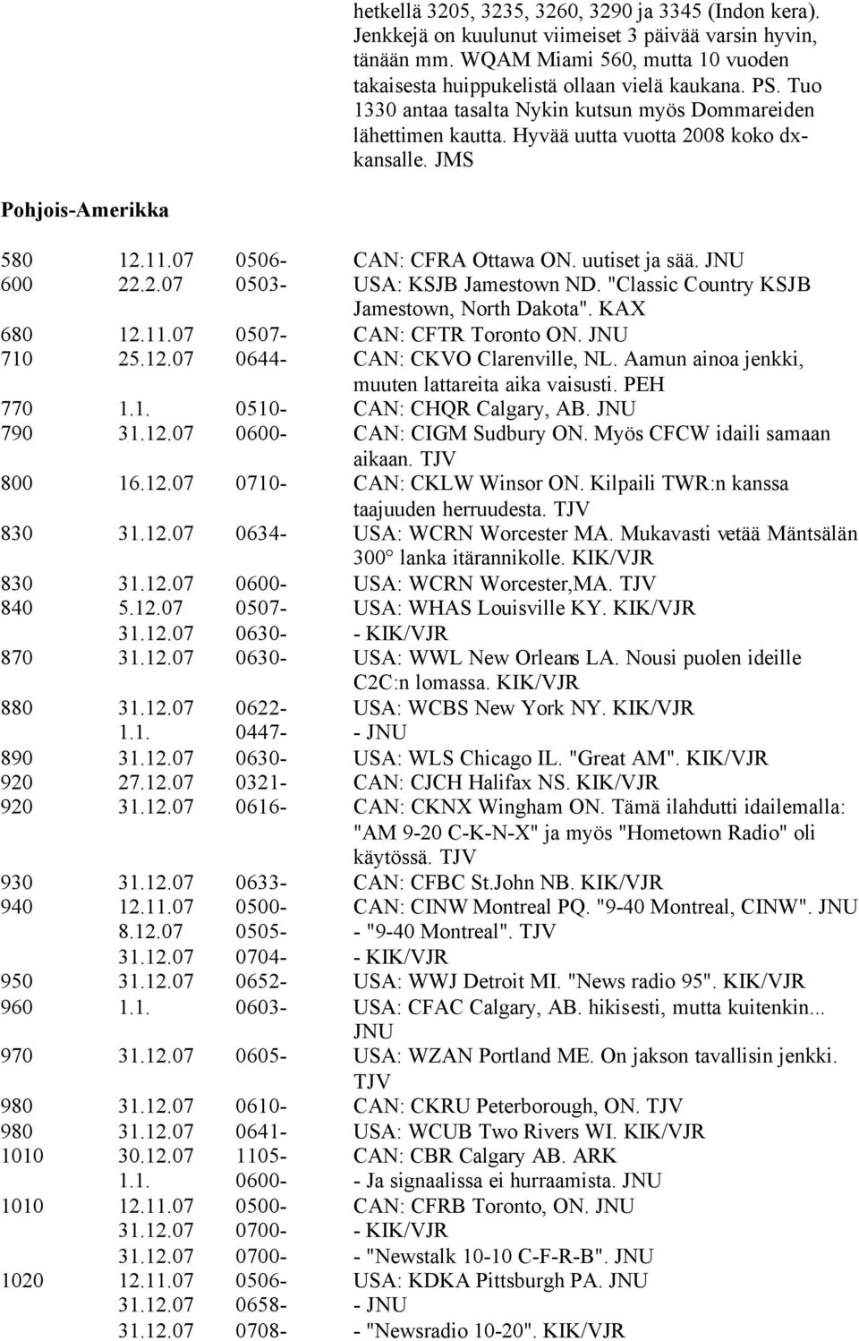 JNU 600 22.2.07 0503- USA: KSJB Jamestown ND. "Classic Country KSJB Jamestown, North Dakota". KAX 680 12.11.07 0507- CAN: CFTR Toronto ON. JNU 710 25.12.07 0644- CAN: CKVO Clarenville, NL.