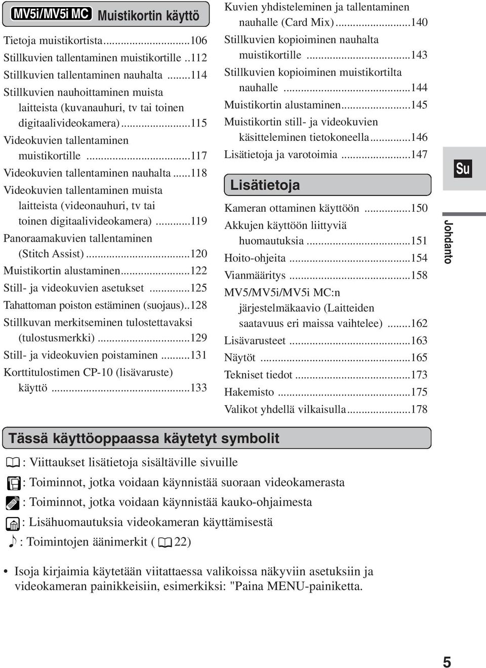 ..118 Videokuvien tallentaminen muista laitteista (videonauhuri, tv tai toinen digitaalivideokamera)...119 Panoraamakuvien tallentaminen (Stitch Assist)...120 Muistikortin alustaminen.