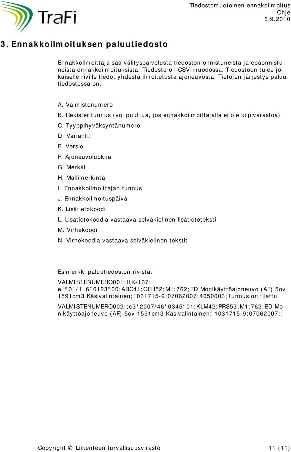 Rekisteritunnus (voi puuttua, jos ennakkoilmoittajalla ei ole kilpivarastoa) C. Tyyppihyväksyntänumero D. Variantti E. Versio F. Ajoneuvoluokka G. Merkki H. Mallimerkintä I.