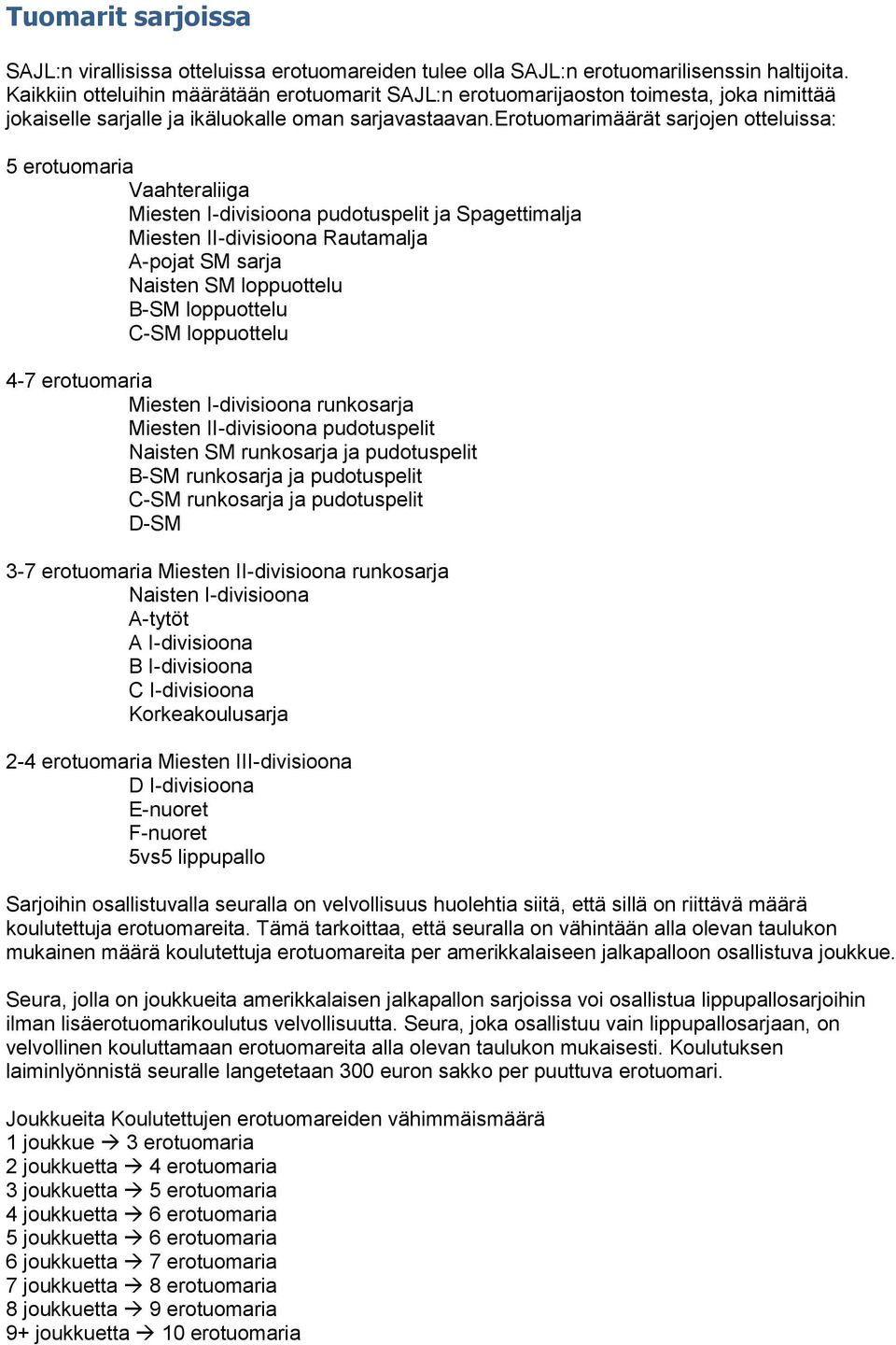 ertumarimäärät sarjjen tteluissa: 5 ertumaria Vaahteraliiga Miesten I-divisina pudtuspelit ja Spagettimalja Miesten II-divisina Rautamalja A-pjat SM sarja Naisten SM lpputtelu B-SM lpputtelu C-SM