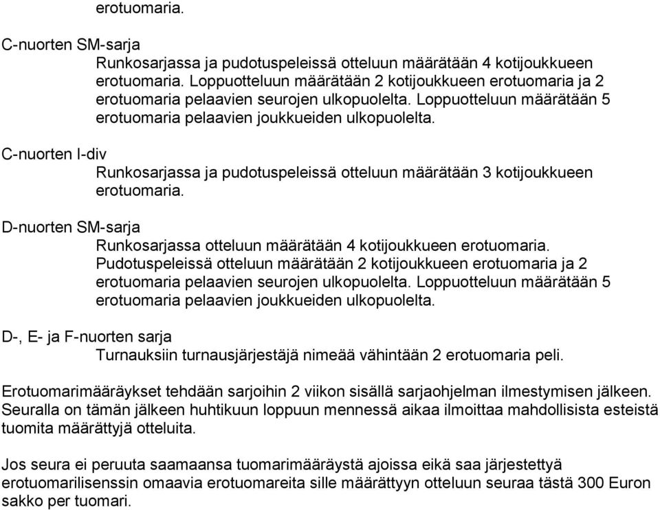 D-nurten SM-sarja Runksarjassa tteluun määrätään 4 ktijukkueen ertumaria. Pudtuspeleissä tteluun määrätään 2 ktijukkueen ertumaria ja 2 ertumaria pelaavien seurjen ulkpulelta.