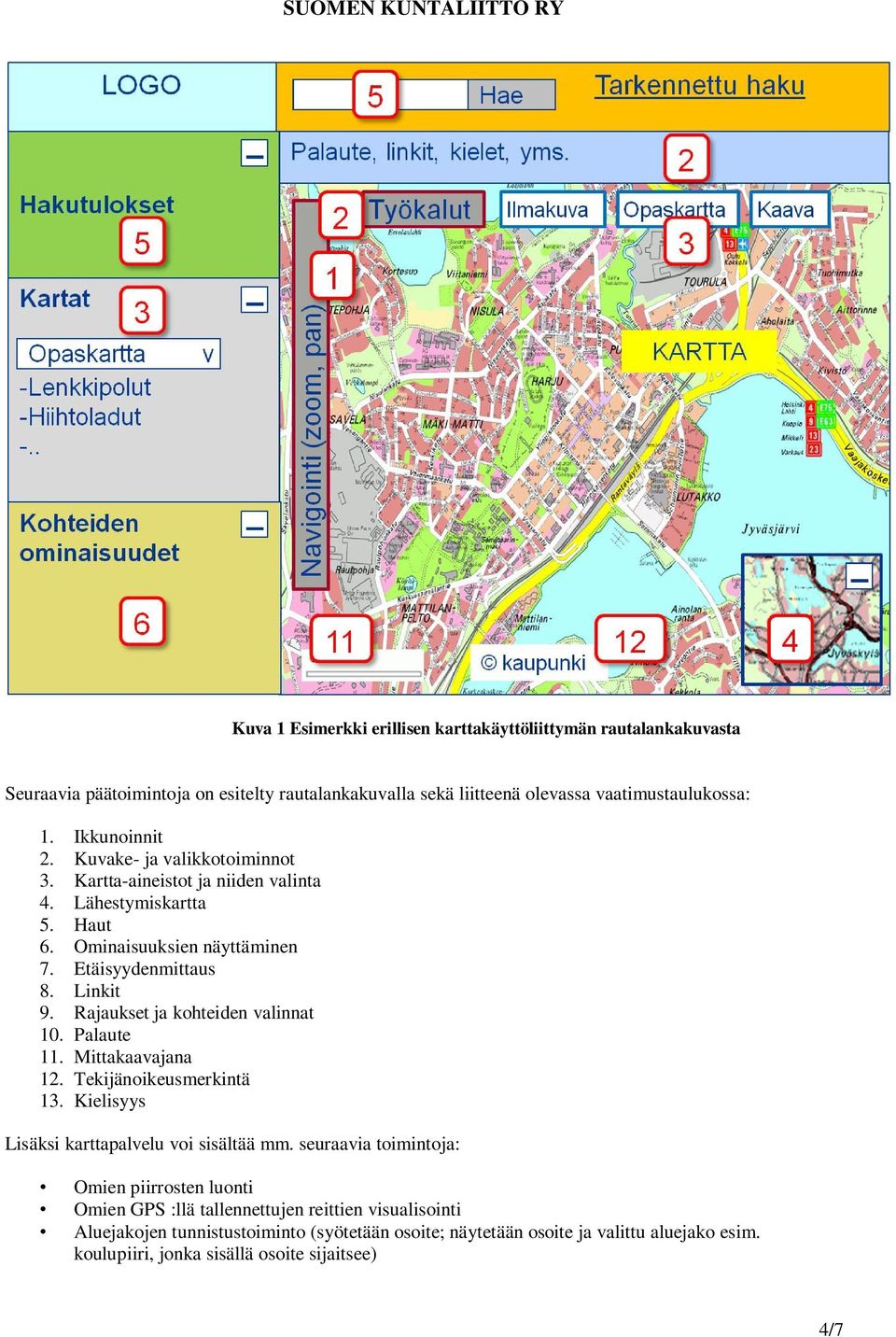 Rajaukset ja kohteiden valinnat 10. Palaute 11. Mittakaavajana 12. Tekijänoikeusmerkintä 13. Kielisyys Lisäksi karttapalvelu voi sisältää mm.