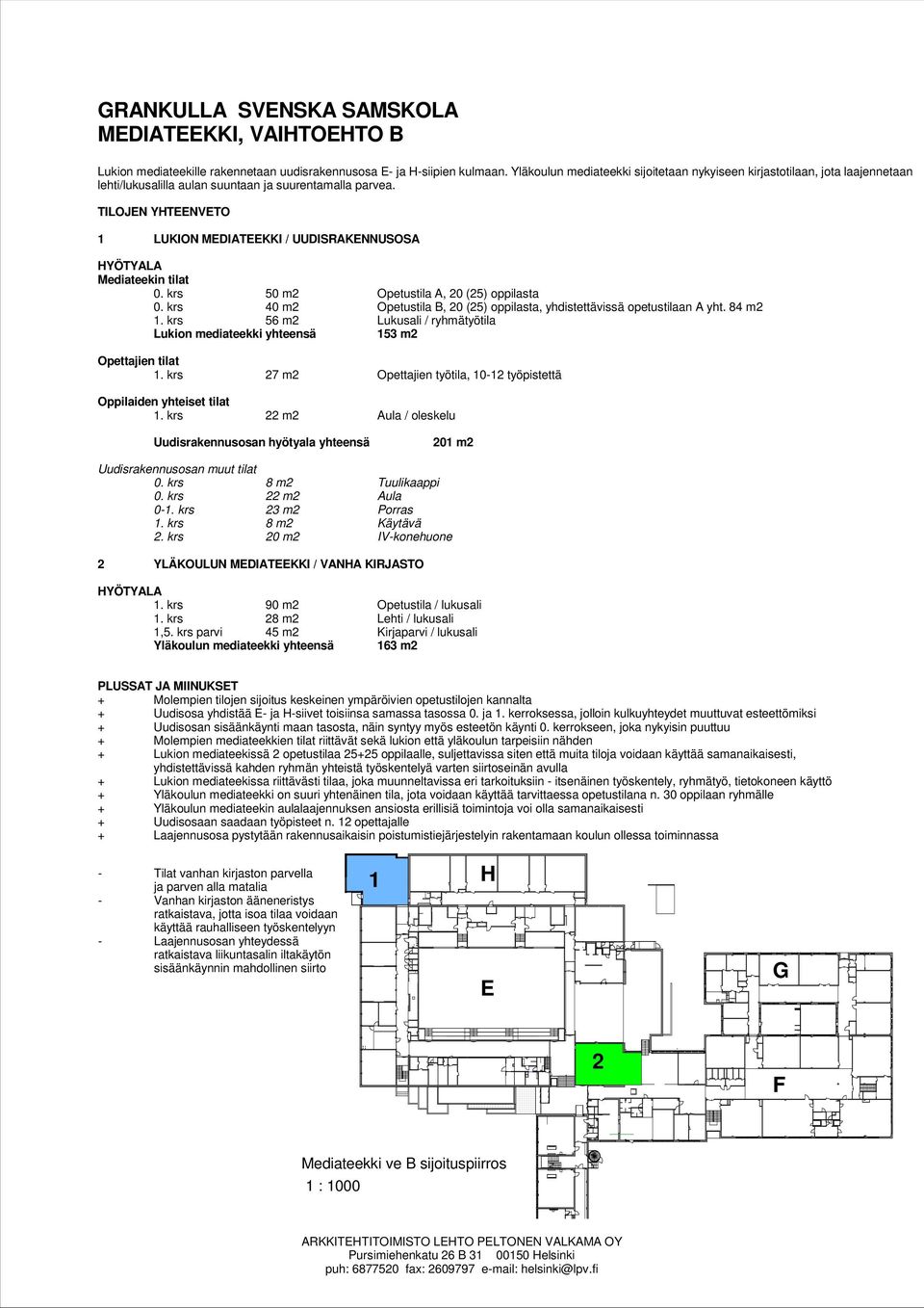 TILOJEN YHTEENVETO 1 LUKION / UUDISRAKENNUSOSA HYÖTYALA Mediateekin tilat 0. krs 50 m2 Opetustila A, 20 (25) oppilasta 0. krs 40 m2 Opetustila B, 20 (25) oppilasta, yhdistettävissä opetustilaan A yht.