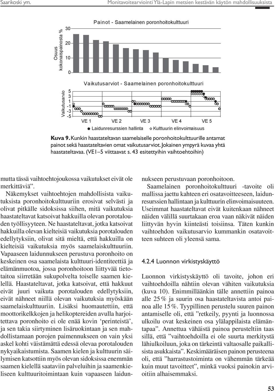 Saamelainen poronhoitokulttuuri VE 1 VE 2 VE 3 VE 4 VE 5 Laidunresurssien hallinta Kulttuurin elinvoimaisuus Kuva 9.