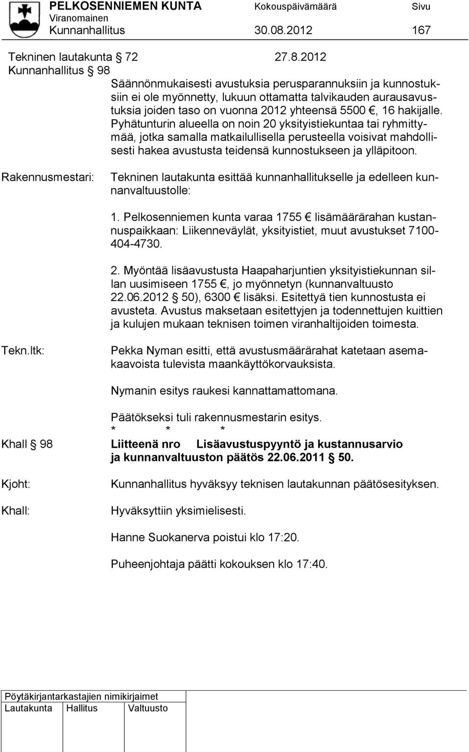 2012 Kunnanhallitus 98 Säännönmukaisesti avustuksia perusparannuksiin ja kunnostuksiin ei ole myönnetty, lukuun ottamatta talvikauden aurausavustuksia joiden taso on vuonna 2012 yhteensä 5500, 16