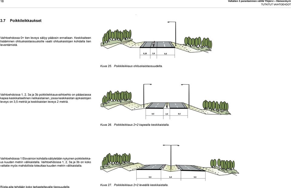 Keskikaiteen lisääminen ohituskaistaosuuksille vaatii ohituskaistojen kohdalla tien leventämistä. TEKSTIT? 5,25 2,0 8,5 Poikkileikkaus ohituskaistan kohdalta. Kuva 25.
