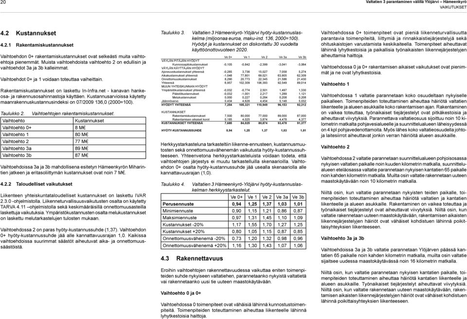 net - kanavan hankeosa- ja rakennusosahinnastoja käyttäen. Kustannusarvioissa käytetty maanrakennuskustannusindeksi on 07/2009 136,0 (2000=100). Taulukko 2.