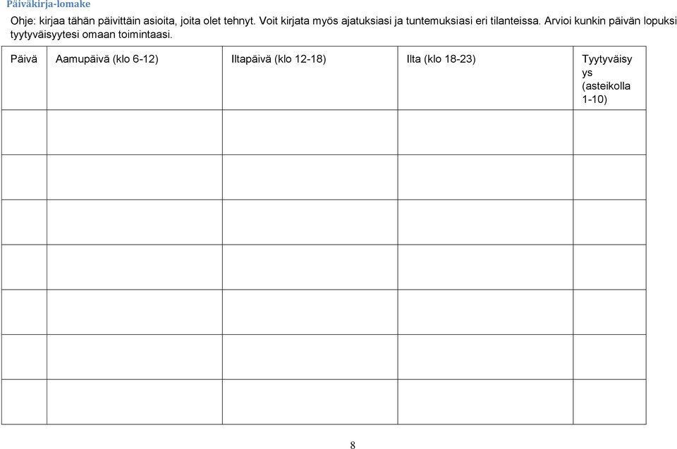 Arvioi kunkin päivän lopuksi tyytyväisyytesi omaan toimintaasi.