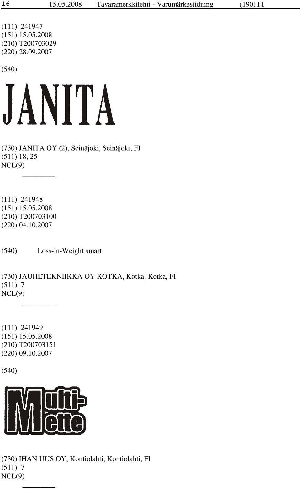 2007 (730) JANITA OY (2), Seinäjoki, Seinäjoki, FI (511) 18, 25 (111) 241948 (210) T200703100