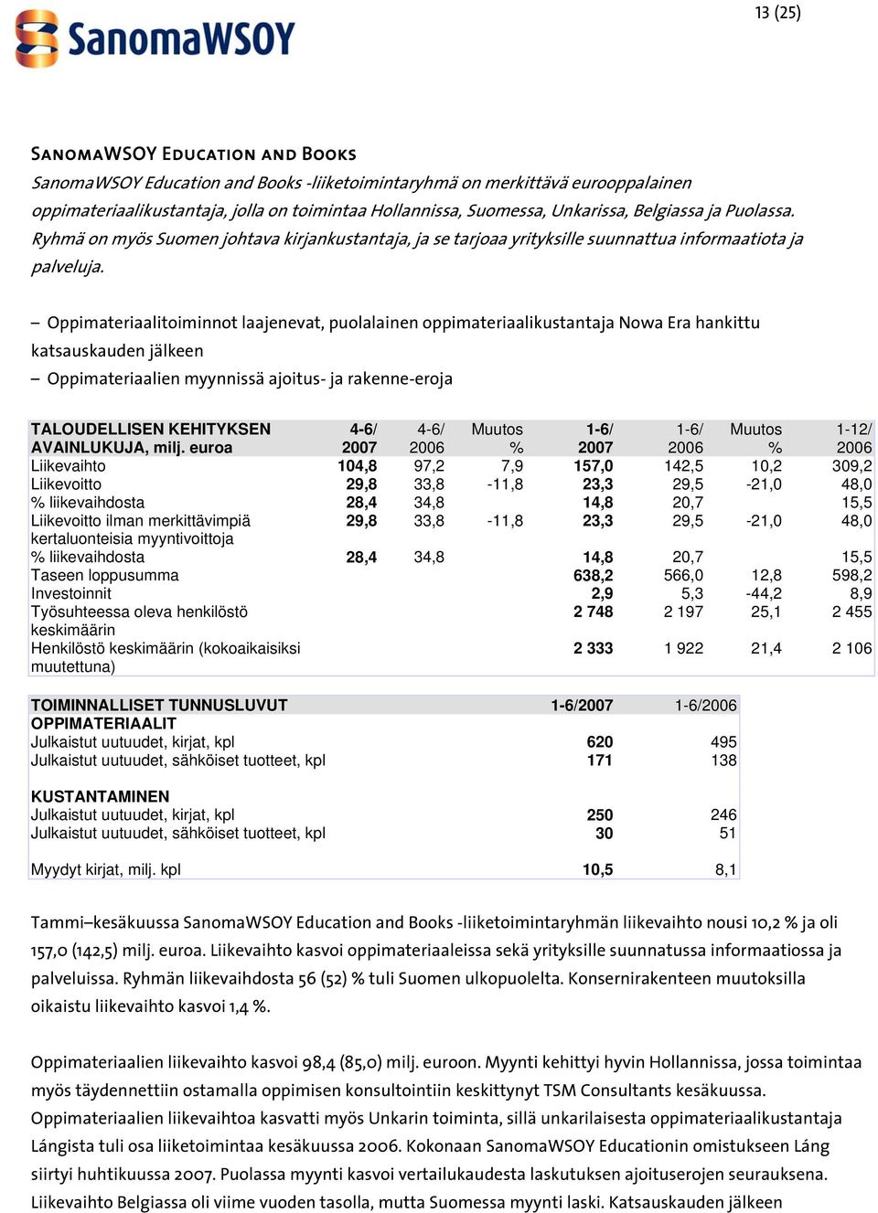 Oppimateriaalitoiminnot laajenevat, puolalainen oppimateriaalikustantaja Nowa Era hankittu katsauskauden jälkeen Oppimateriaalien myynnissä ajoitus- ja rakenne-eroja TALOUDELLISEN KEHITYKSEN 4-6/