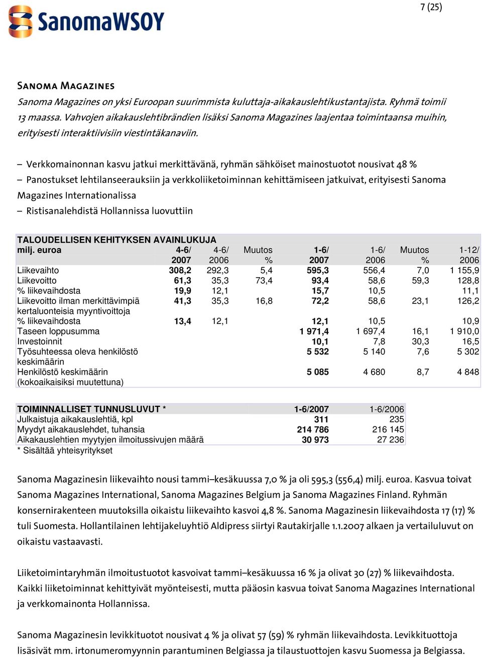 Verkkomainonnan kasvu jatkui merkittävänä, ryhmän sähköiset mainostuotot nousivat 48 % Panostukset lehtilanseerauksiin ja verkkoliiketoiminnan kehittämiseen jatkuivat, erityisesti Sanoma Magazines