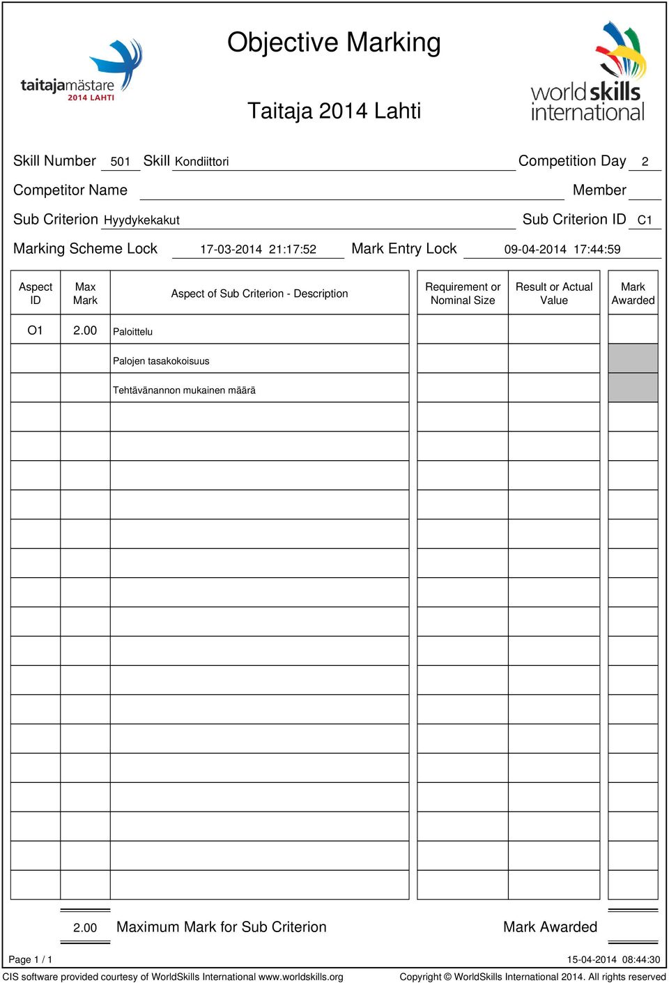 09-04-2014 17:44:59 Requirement or Nominal Size Result or Actual Value O1 2.