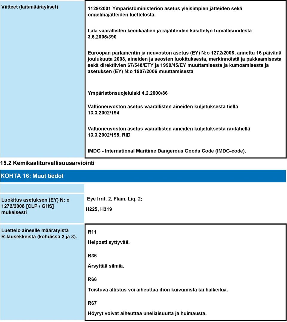 ja 1999/45/EY muuttamisesta ja kumoamisesta ja asetuksen (EY) N:o 1907/2006 muuttamisesta Ympäristönsuojelulaki 4.2.2000/86 Valtioneuvoston asetus vaarallisten aineiden kuljetuksesta tiellä 13.