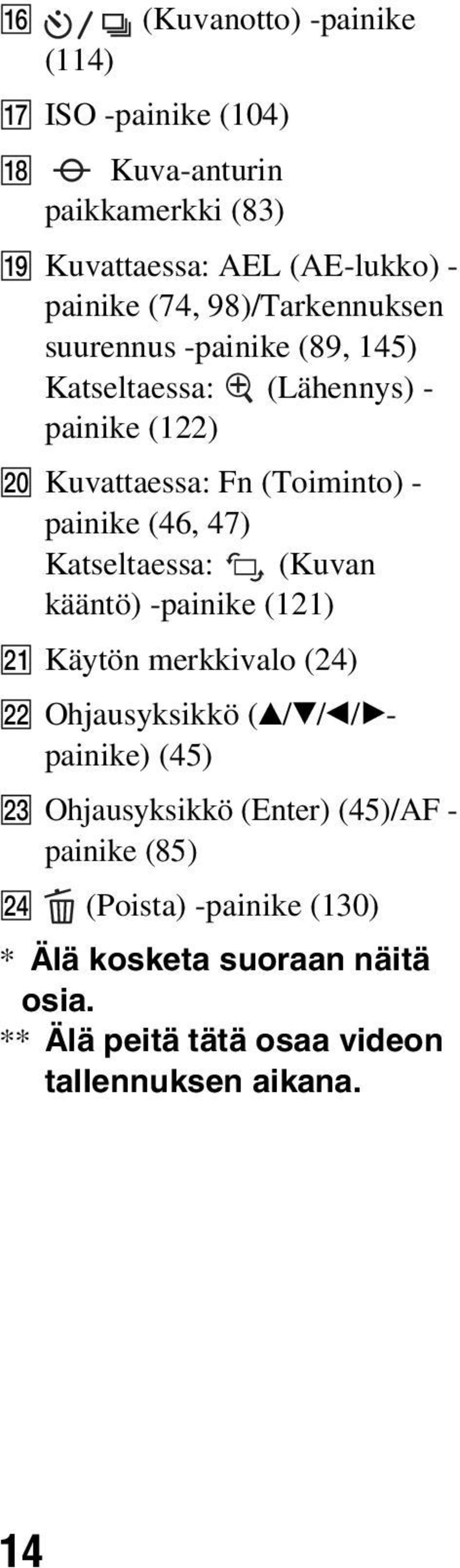 47) Katseltaessa: (Kuvan kääntö) -painike (121) U Käytön merkkivalo (24) V Ohjausyksikkö (v/v/b/bpainike) (45) W Ohjausyksikkö
