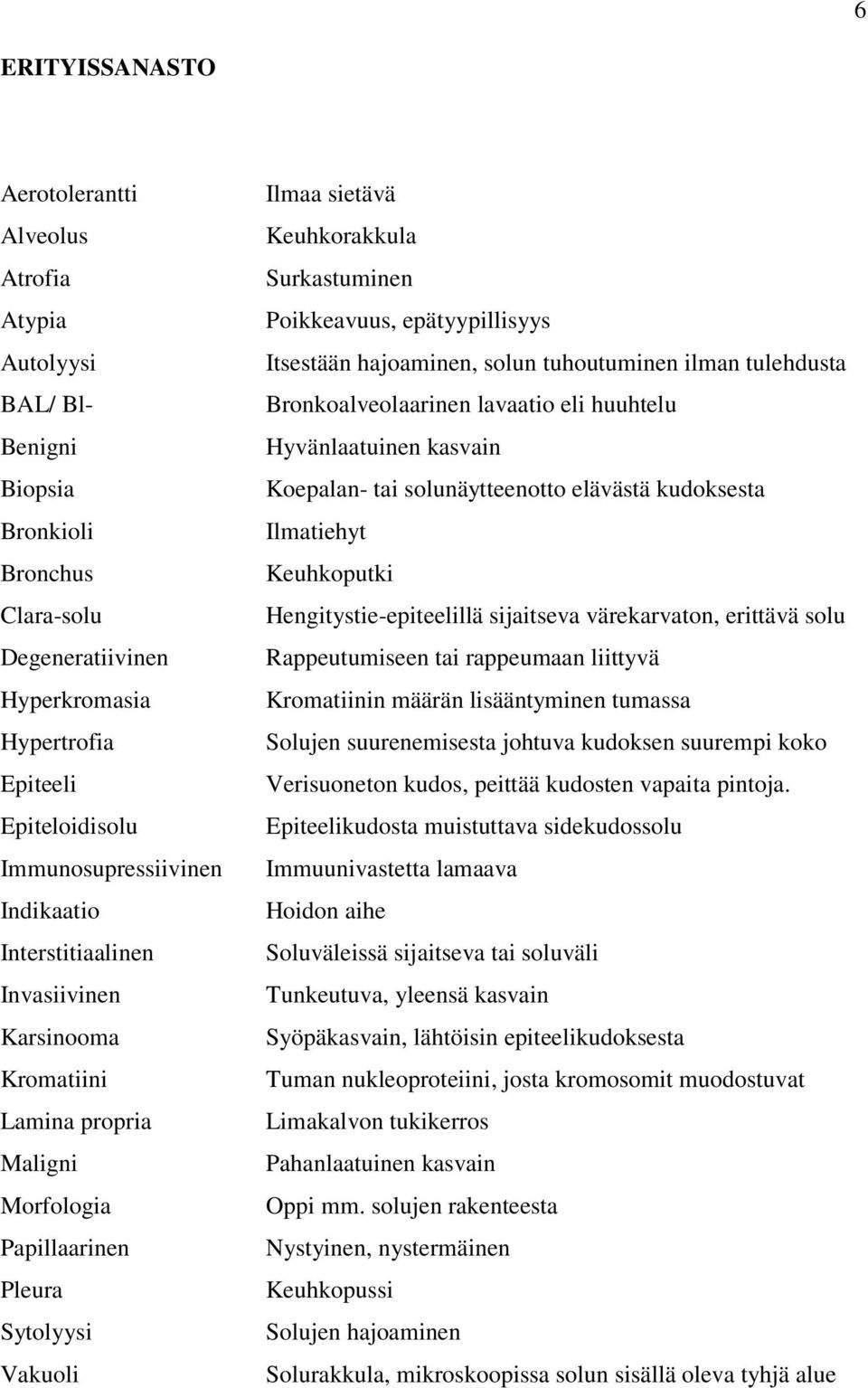 Poikkeavuus, epätyypillisyys Itsestään hajoaminen, solun tuhoutuminen ilman tulehdusta Bronkoalveolaarinen lavaatio eli huuhtelu Hyvänlaatuinen kasvain Koepalan- tai solunäytteenotto elävästä