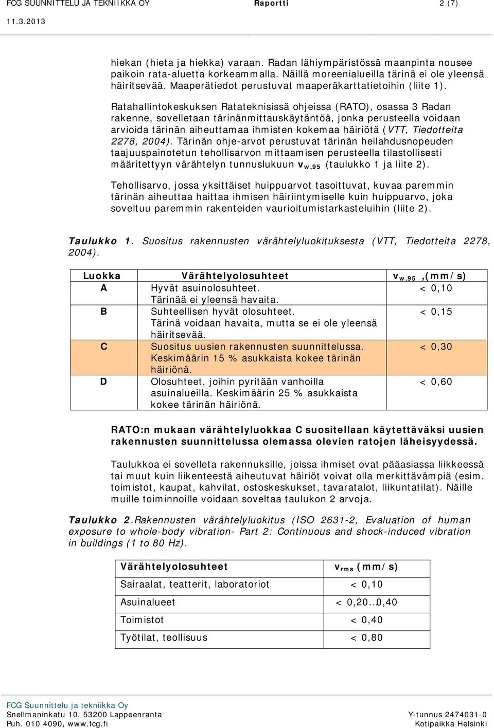 Ratahallintokeskuksen Ratateknisissä ohjeissa (RATO), osassa 3 Radan rakenne, sovelletaan tärinänmittauskäytäntöä, jonka perusteella voidaan arvioida tärinän aiheuttamaa ihmisten kokemaa häiriötä