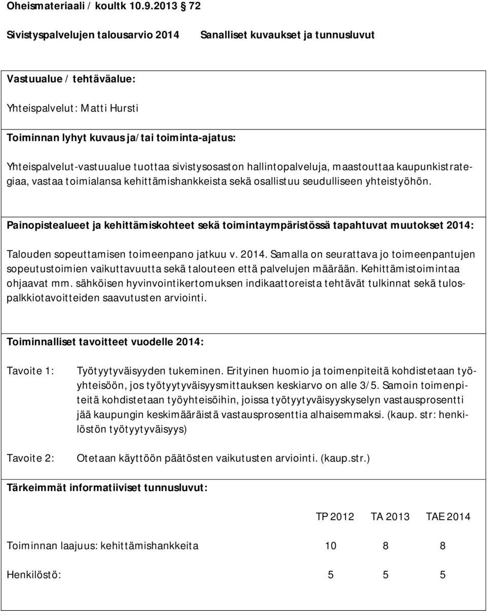 hallintopalveluja, maastouttaa kaupunkistrategiaa, vastaa toimialansa kehittämishankkeista sekä osallistuu seudulliseen yhteistyöhön. Talouden sopeuttamisen toimeenpano jatkuu v. 2014.