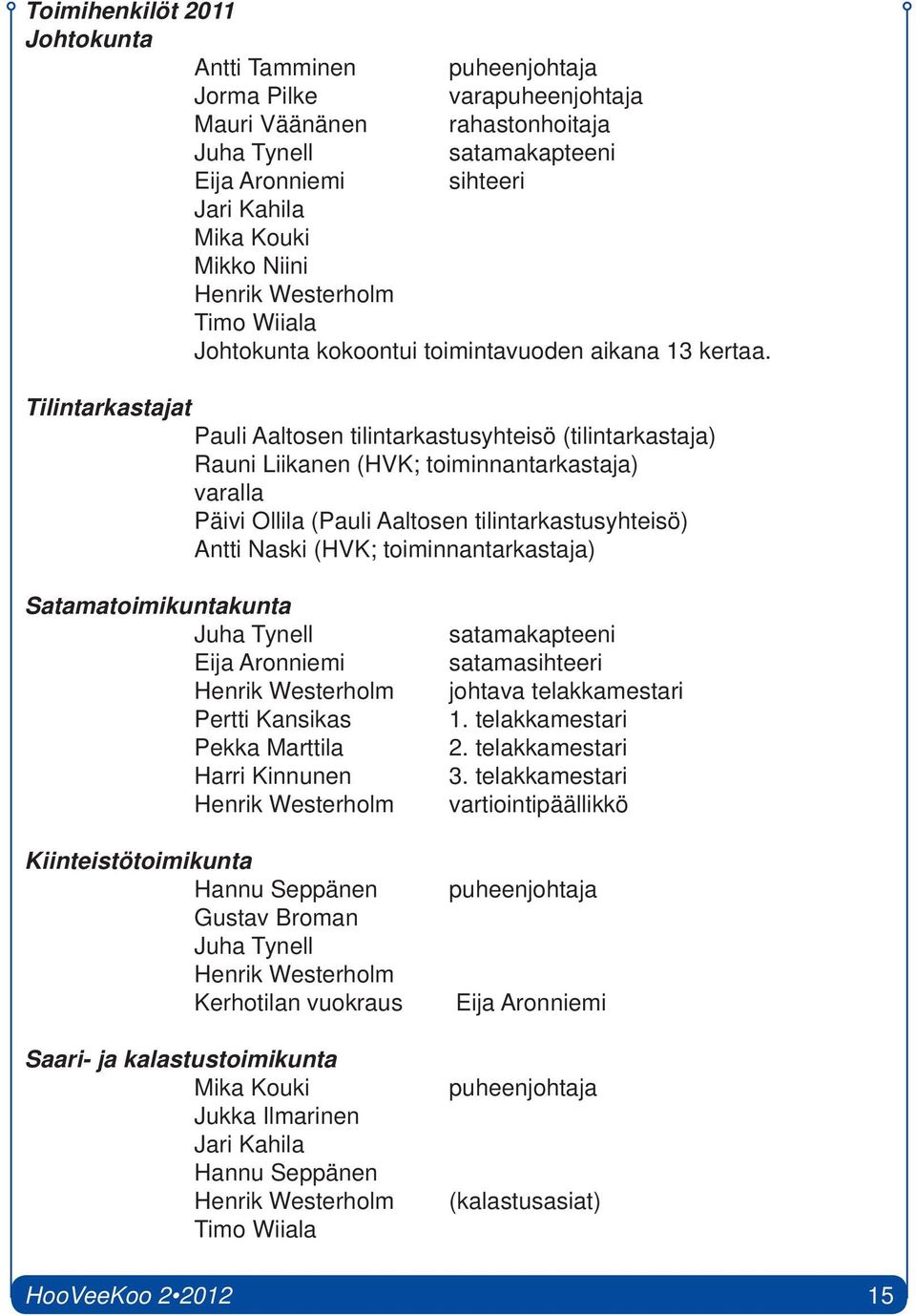 Tilintarkastajat Pauli Aaltosen tilintarkastusyhteisö (tilintarkastaja) Rauni Liikanen (HVK; toiminnantarkastaja) varalla Päivi Ollila (Pauli Aaltosen tilintarkastusyhteisö) Antti Naski (HVK;